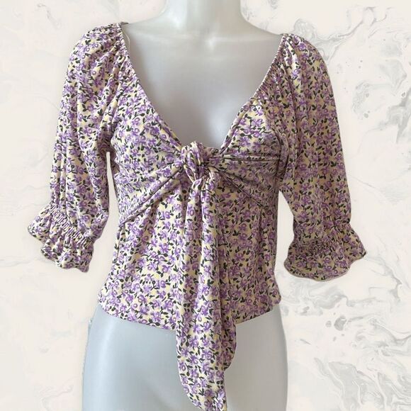 VERO MODA Kimmie Floral Tie Front Top - Size S - Purple Floral - Picture 1 of 3